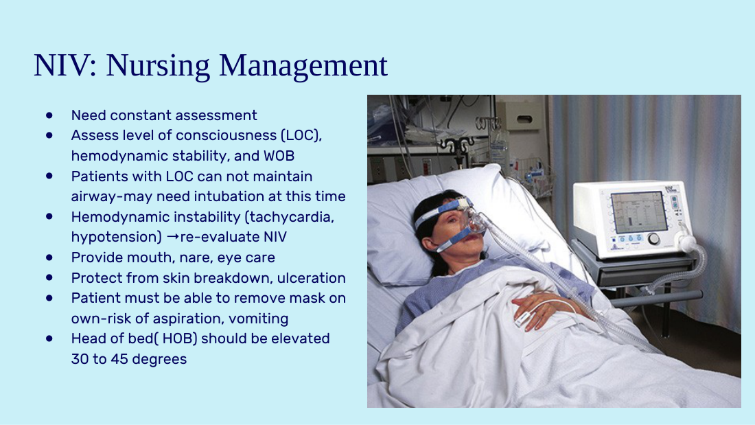 Her photograph of a patient wearing a noninvasive ventilation mask. Look at where it seals — the nasal bridge and cheeks are the pressure points, and the mask must be removable by the patient.